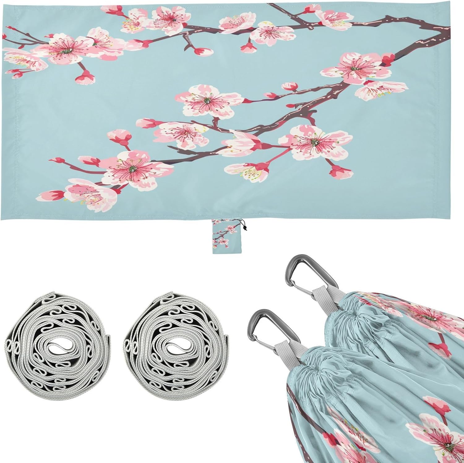 ALAZA Pink Cherry Blossom Flower Floral 3 Camping Hammocks Single or 2 Person 500 lbs Portable Parachute Travel Hammock w/Tree Straps for Hiking Backpacking Indoor Outdoor