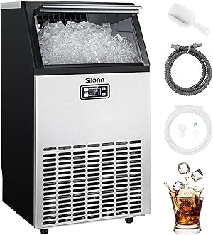 Commercial Ice Maker Machine, Creates 100lbs in 24H, 33lbs Ice Storage Capacity, Stainless Steel Freestanding Ice Maker with Auto Self-Cleaning for Home Office Bar Parties (SLIM11)