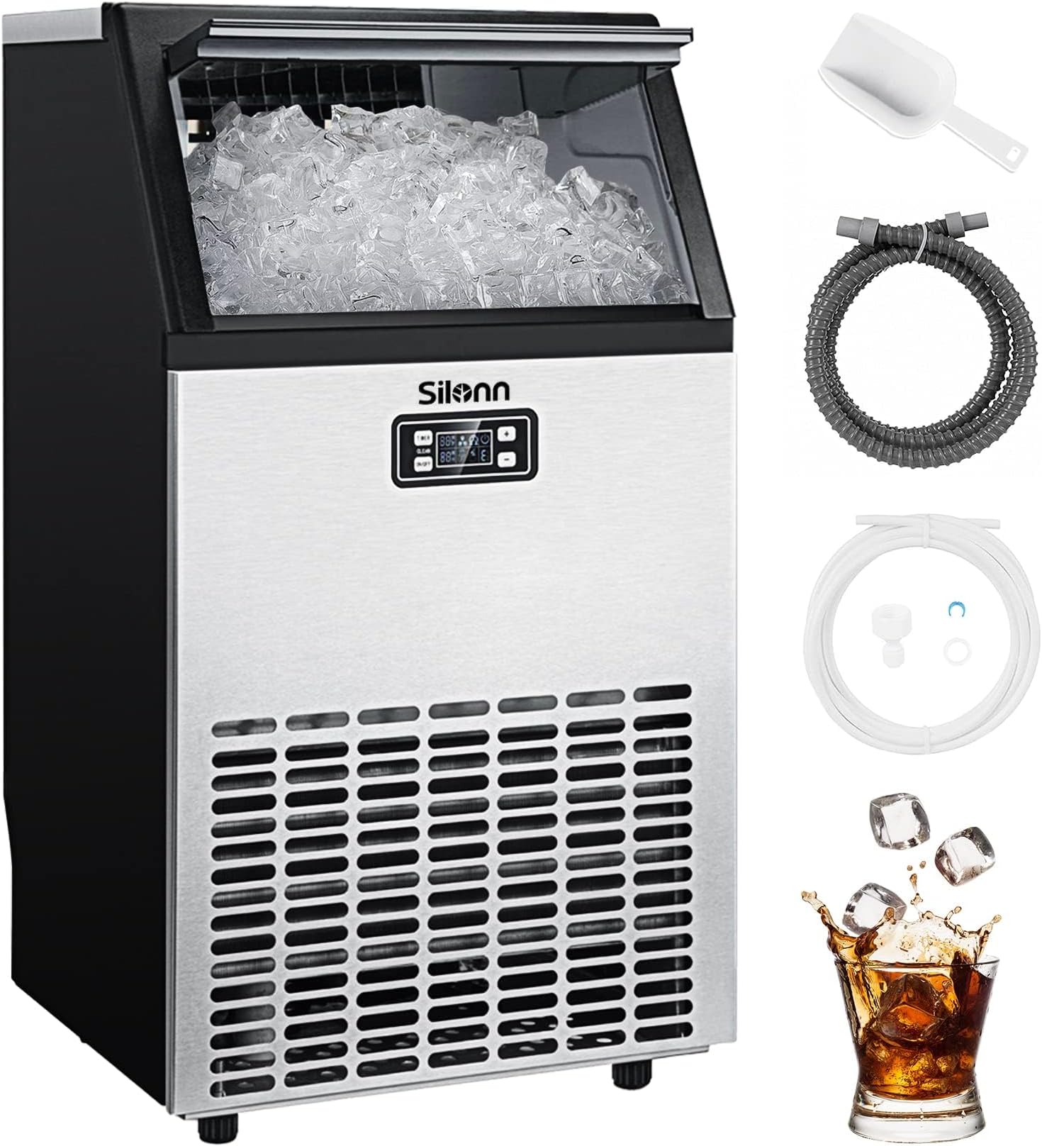 Silonn Commercial Ice Maker Machine, Creates 100lbs in 24H, 33lbs Ice Storage Capacity, Stainless Steel Freestanding Ice Maker with Auto Self-Cleaning for Home Office Bar Parties (SLIM11)