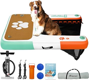 FBSPORT Inflatable Dog Boat Ramp Floating Dock Water Ladder for Pool, Boat, Non-Slip EVA Floating Ladder Pool Ramp for Dog Up to 220 LBs, Safe & Easy Access