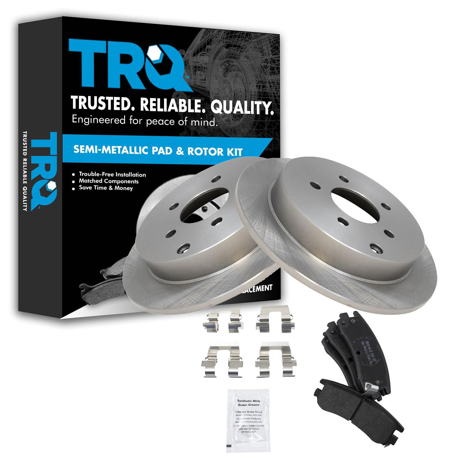 TRQ Rear Brake Pad and Rotor Set Semi Metallic Solid Rotors