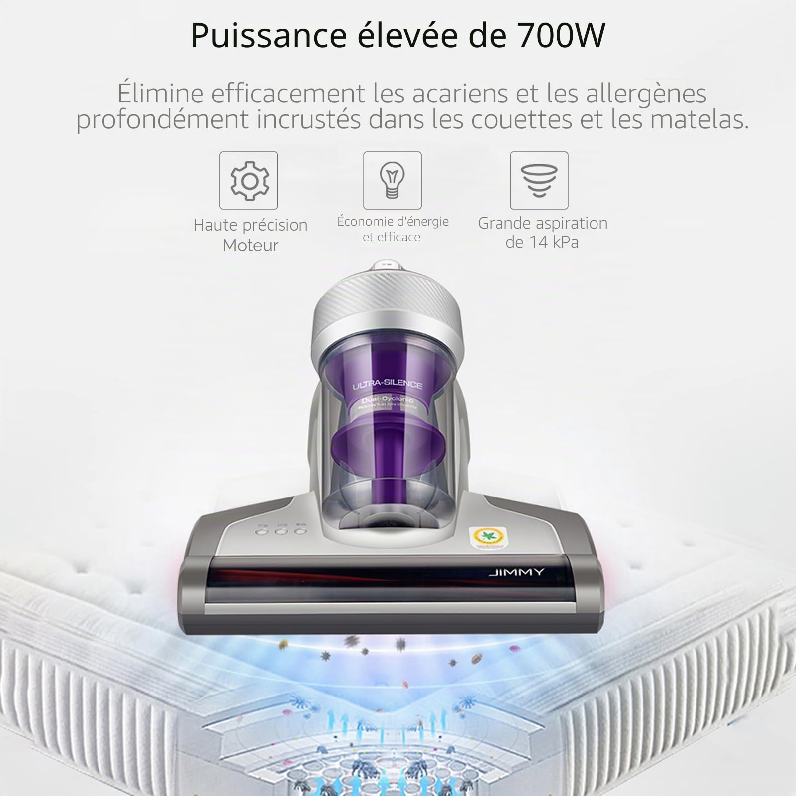 Aspirateur anti-acariens Jimmy JV35 avec lumière UV-C 14 Kpa - Forte aspiration 700 W Puissance 5S - Chauffage rapide Compartiment à poussière, Filtre HEPA