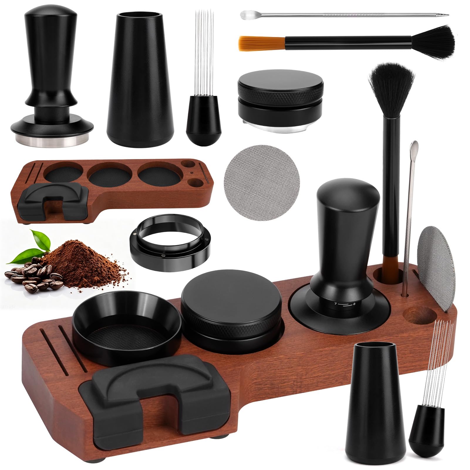 Juego de accesorios para café expreso de 51 mm, 8 piezas, con estación de madera para tamper, herramienta WDT, anillo de dosificación, distribuidor, pantalla de disco, cepillo y lápiz de tipo