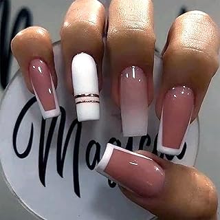SINHOT Medium Coffin Press on Nails Ballerina Fake Nails Glossy Glue on Nails Gold Line Acrylic Nail with White Gradient False Nails Designs 24 pcs