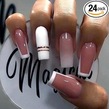 SINHOT Medium Coffin Press on Nails Ballerina Fake Nails Glossy Glue on Nails Gold Line Acrylic Nail with White Gradient False Nails Designs 24 pcs