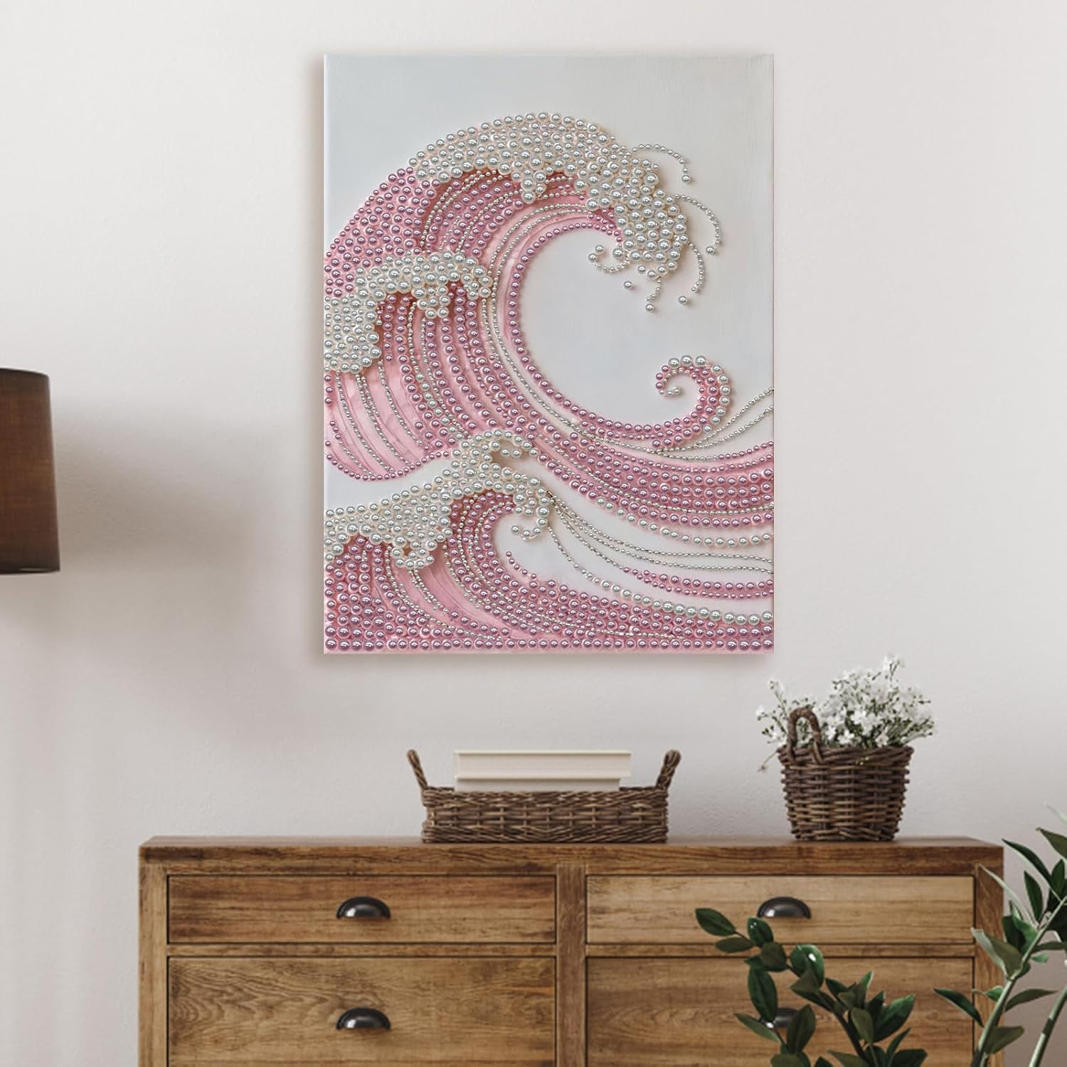 Framed Pearl Painting Kits for Adults - 12x16in DIY Pink and White Waves Diamond Art Kit with Picture Frame, 5D Ocean Abstract Pearl Gem Dot Craft for Beginners, Modern Home Wall Decor Gift Set