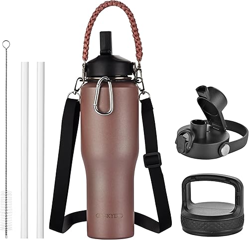 Botella de agua aislada de 32 onzas con asas y correa de paracaídas, termo de viaje de acero inoxidable de doble pared con tapa de popote y tapa de