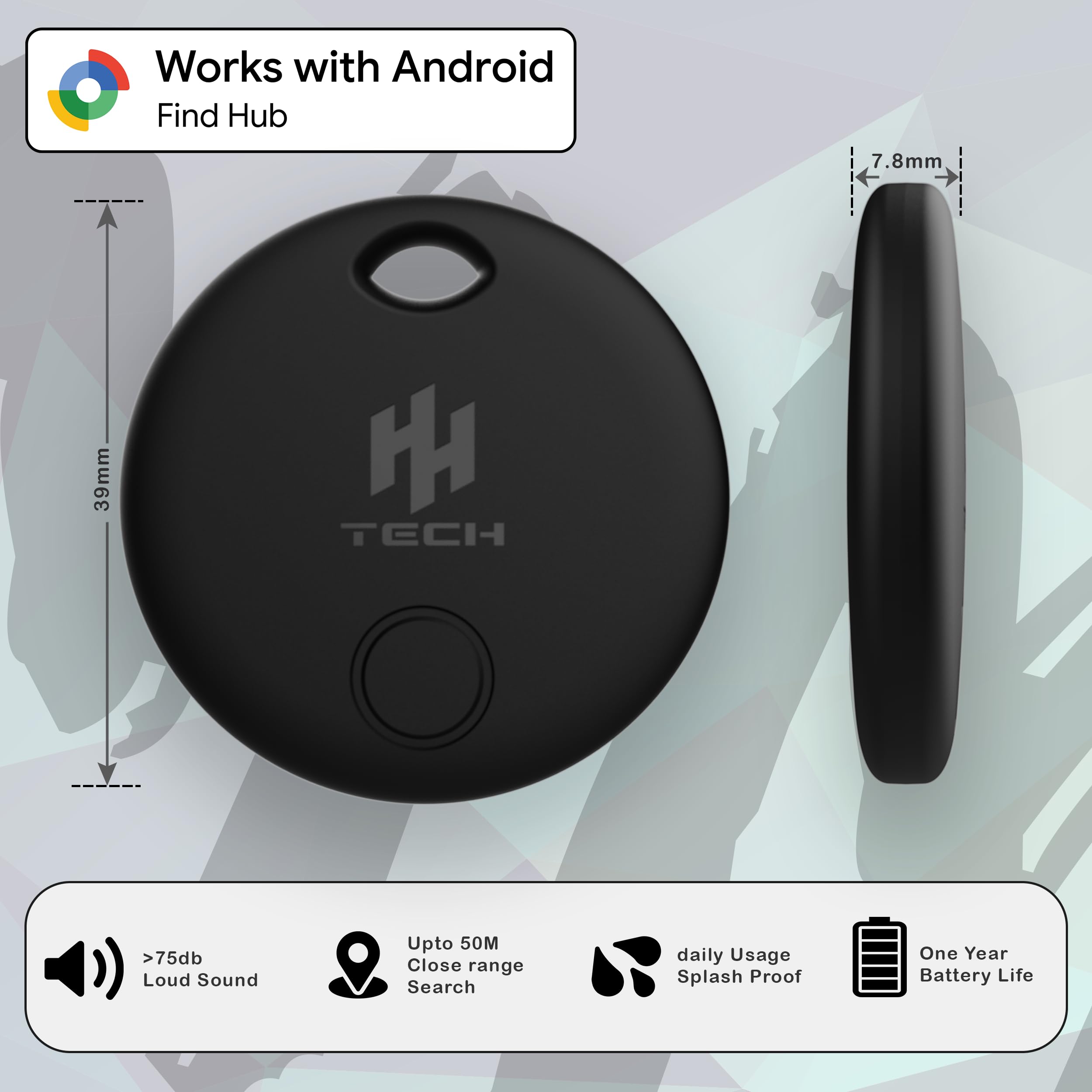 HH-Tech Tag Tracker Android (Pack-4 Black+White Android solo) Funziona con Google Find My, Find Hub, Smart Tag Tracker, Item Finder, Traccia facilmente chiavi, portafoglio, borsa, valigia e altro