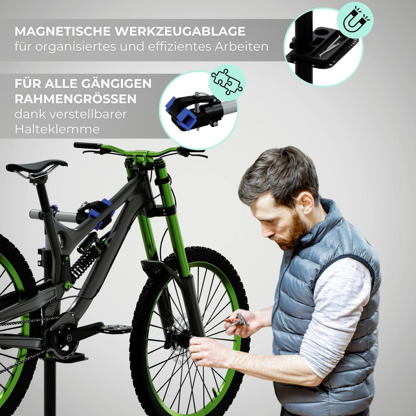 HAGO24 E-Bike Montageständer in Schwarz I Tragkraft bis 50kg I Höhenverstellbarer Montageständer für Fahrräder I Robuster Fahrrad Reparaturständer aus Stahl I 360° drehbare Fahrradhalterung