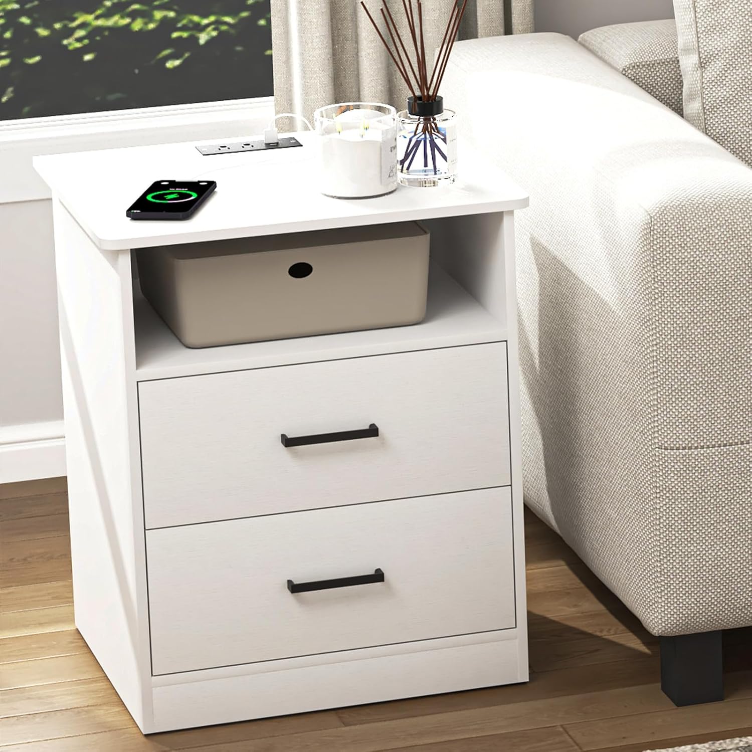 Night Stand with Charger Station, Modern Nightstand with USB Type-C Ports and AC Outlets, Large Bedside Table with 2 Drawers and Open Storage, Wooden End Table for Bedroom (White, 2 Drawers)