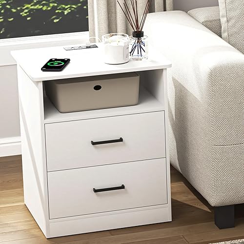 Miniatura 3 de Mesita de noche con estación de carga, moderna mesita de noche con puertos USB tipo C y salidas de CA, mesita de noche grande con 2 cajones y