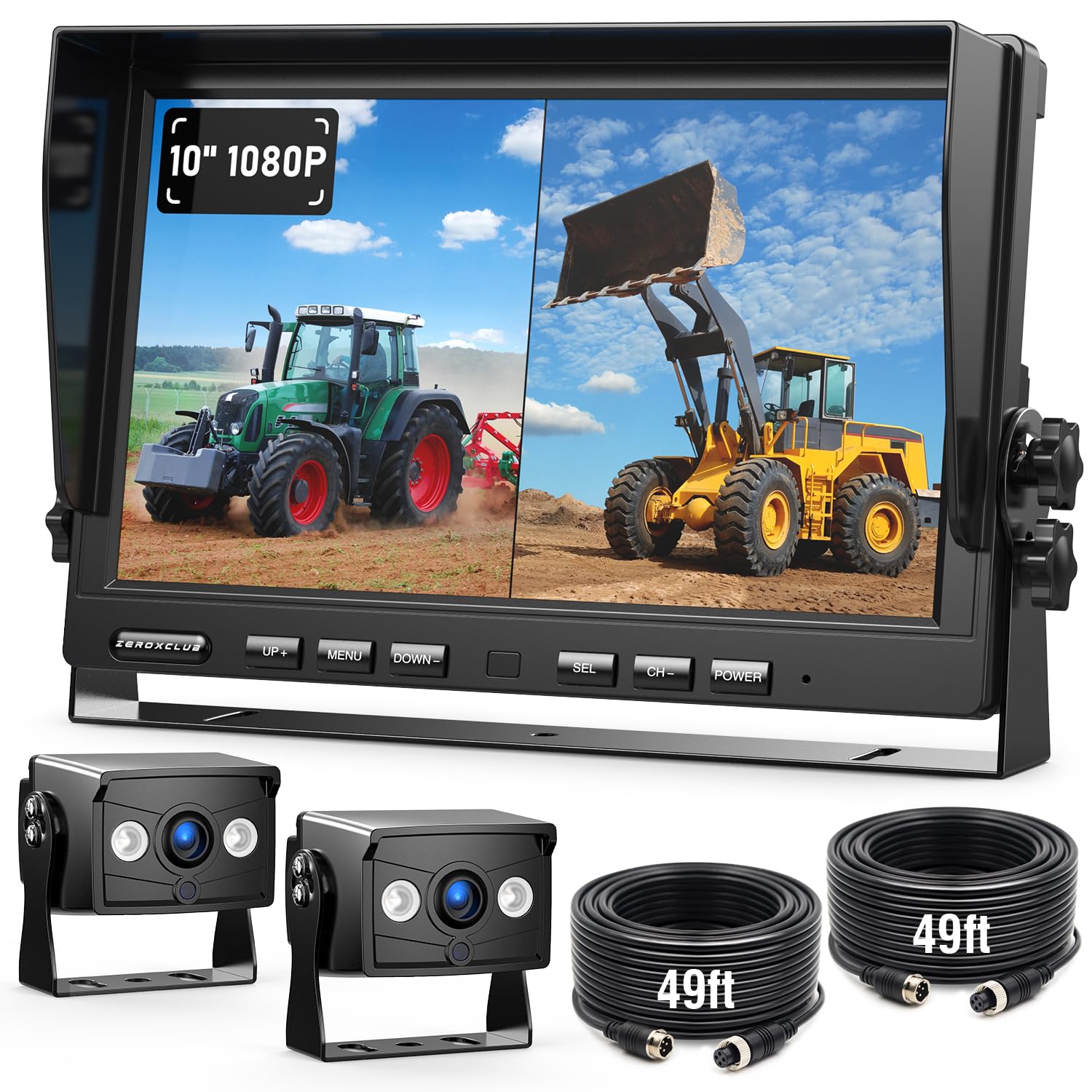ZEROXCLUB 2 Wired Rear View Backup Camera System, 10" 1080P Monitor IP69K Waterproof Vibration-Proof 10G Reverse Camera, Quad Split Screen for Tractor, Truck, Trailer, Combine, Heavy Equipment, BH102 10"-2 Cam