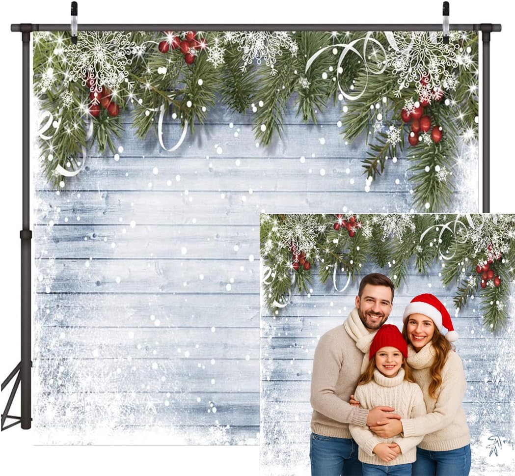 Winter Christmas Backdrop 10x10ft Snowflake and Pine Branch Wooden Wall Background White Snow Scene for Holiday Party Pphoto Booth Christmas Wall Decor 219