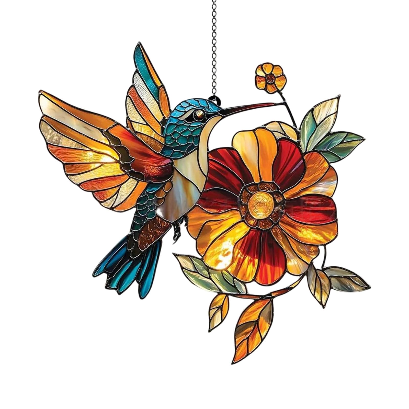 Realistic Hummingbird and Flower Sun Catcher Showcasing Detailed Wing Light Weight Shatterproof Acrylic Garden Decoration