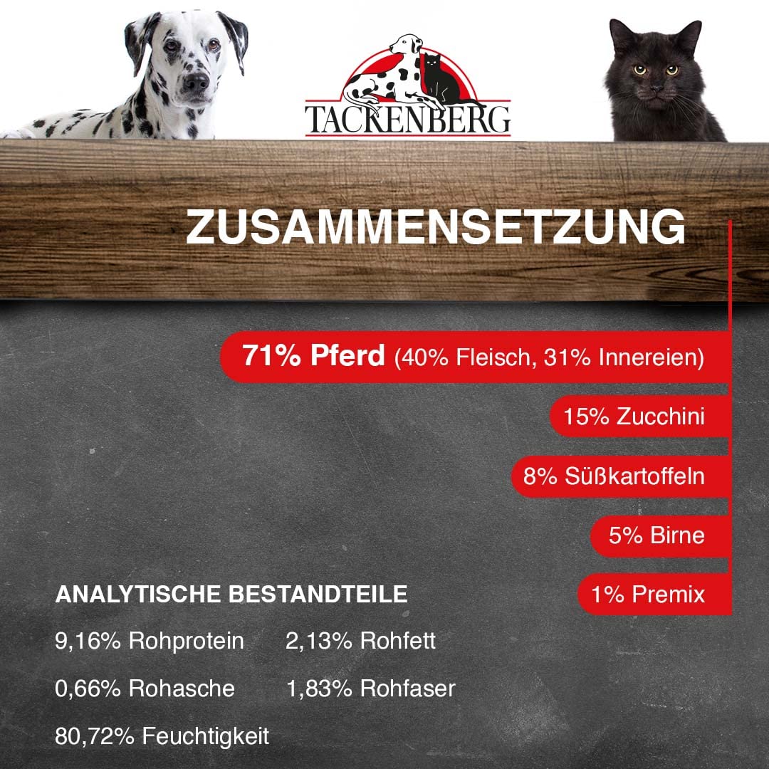 TACKENBERG Pferd mit Zucchini, Süßkartoffel und Birne Nassfutter Dose für Hunde - Hundefutter in Premiumqualität - natürlich getreidefrei, 6 x 800 g