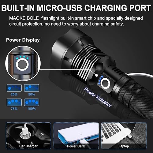 Miniatura 2 de MAOKE BOLE Linternas recargables de 90000 lúmenes, linterna LED súper brillante, altos lúmenes con cable USB, 5 modos, linterna impermeable, potente