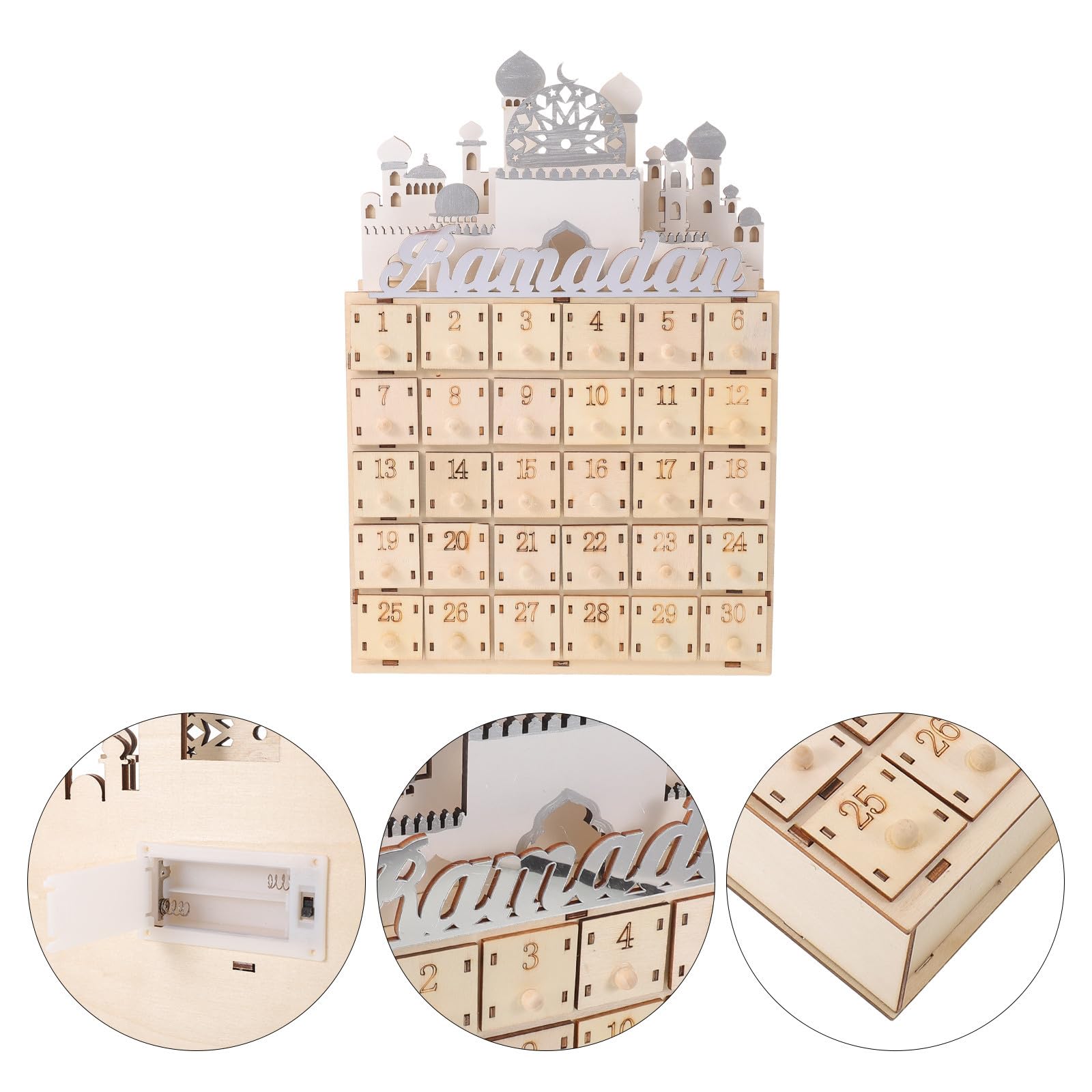 STOBAZA Islamischer Adventskalender mit 30 Kleiner Schubladen und LED Beleuchtung Ramadan Countdown Dekoration für Wohnzimmer und Schlafzimmer zur Familienbindung