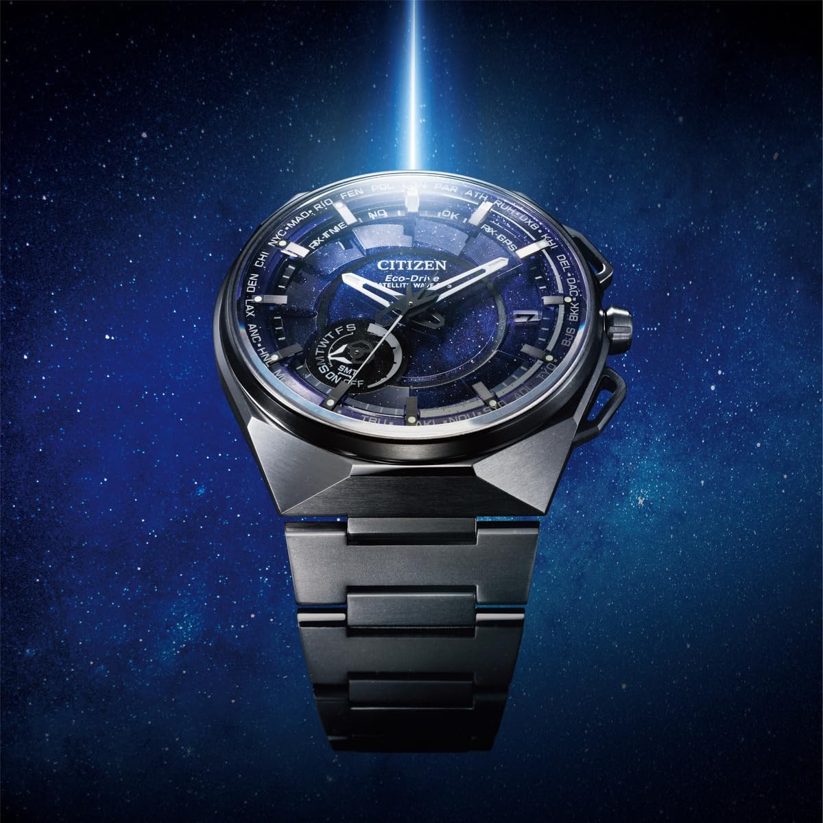 Citizen Eco-Drive Satellite Wave watch with a light beam, illustrating light charging
