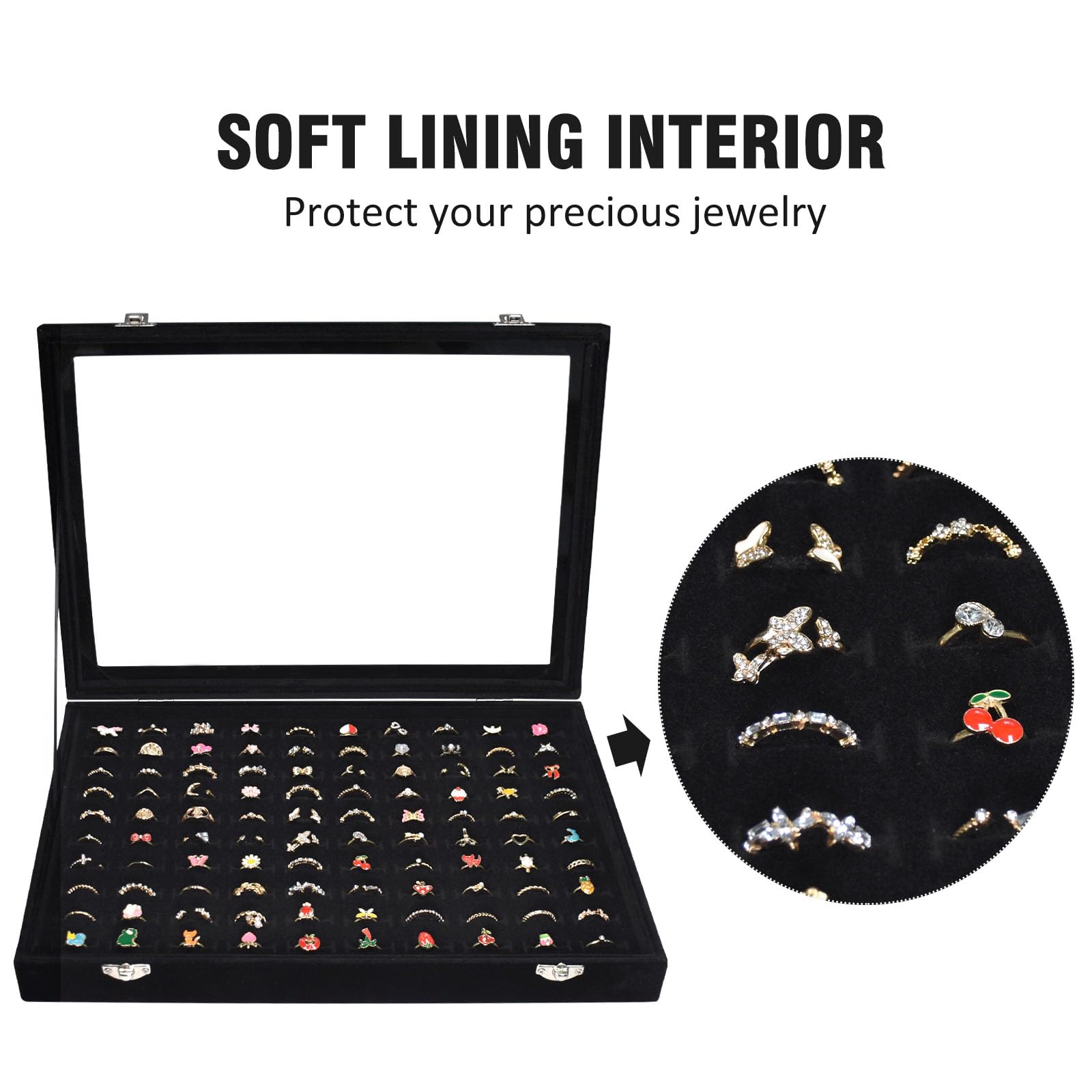 Vicoter Rings Organizer Tray 100 Slot Velvet Ring Earring Storage Box TranSparent Cover Jewelry Store Ring Display Box Jewelry Display Cabinet for Girl Wife Mother: 100 Slot Black