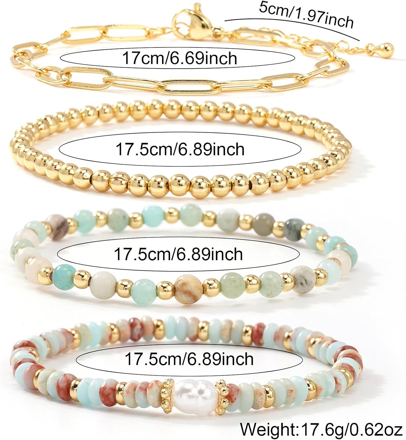 Gold Beaded Bracelet for Women,14K Plated Adjustable Stackable Link Natural Stone Bracelets,Non Tarnish Fashion Jewelry Set Gifts for Women Birthday Friendship - Image 6