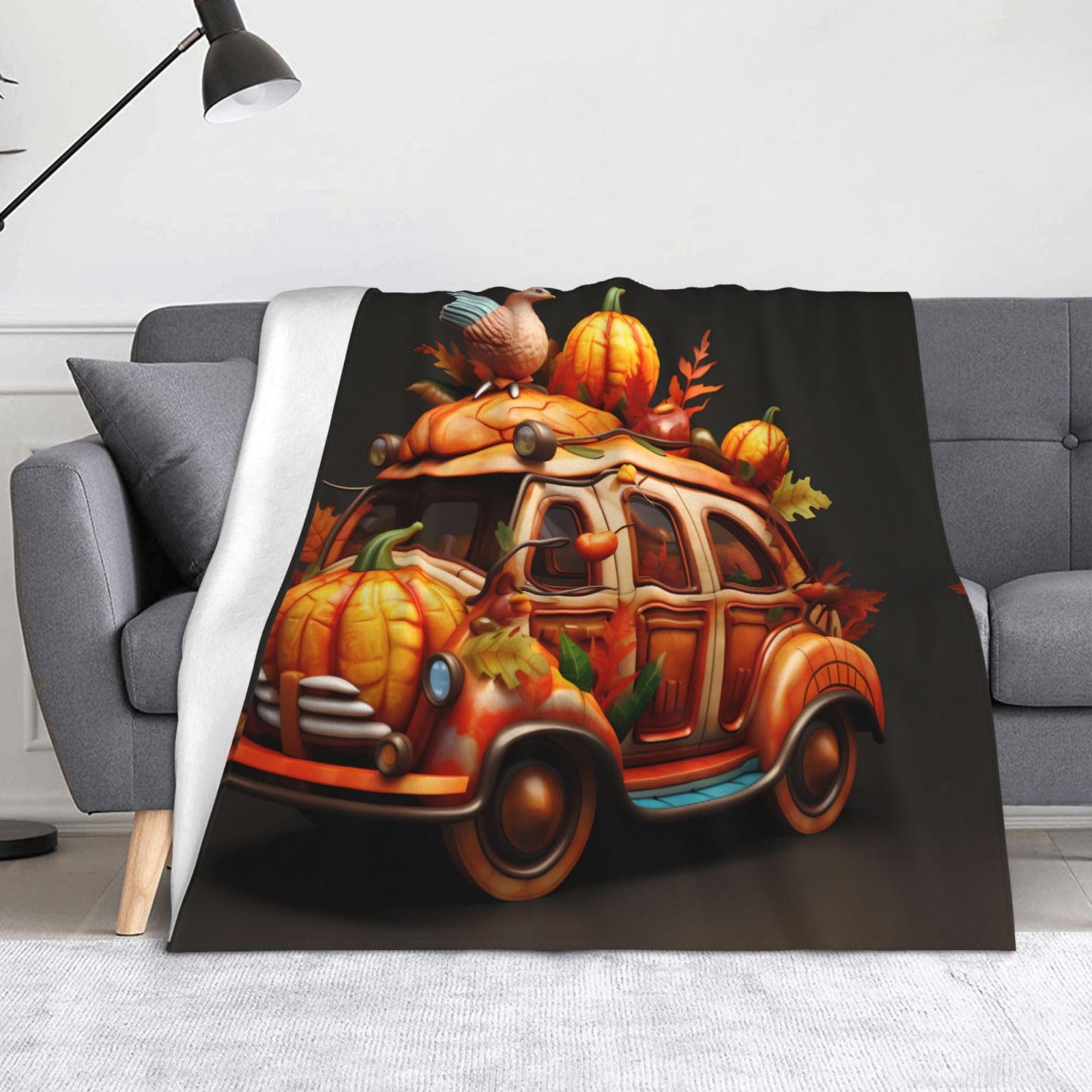 Couverture douce plaid lit et canapé motif voiture citrouille pour voyage et camping