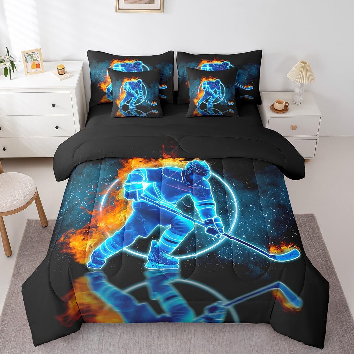 Erosebridal Ice Hockey 7 Piece Bedding Set Twin Size,Hockey Player Bed in a Bag,Winter Sports Ball Game Bed Set Includes Comforter, Sheet Set, Pillowcases & Pillow Covers All Season Bedroom Decor