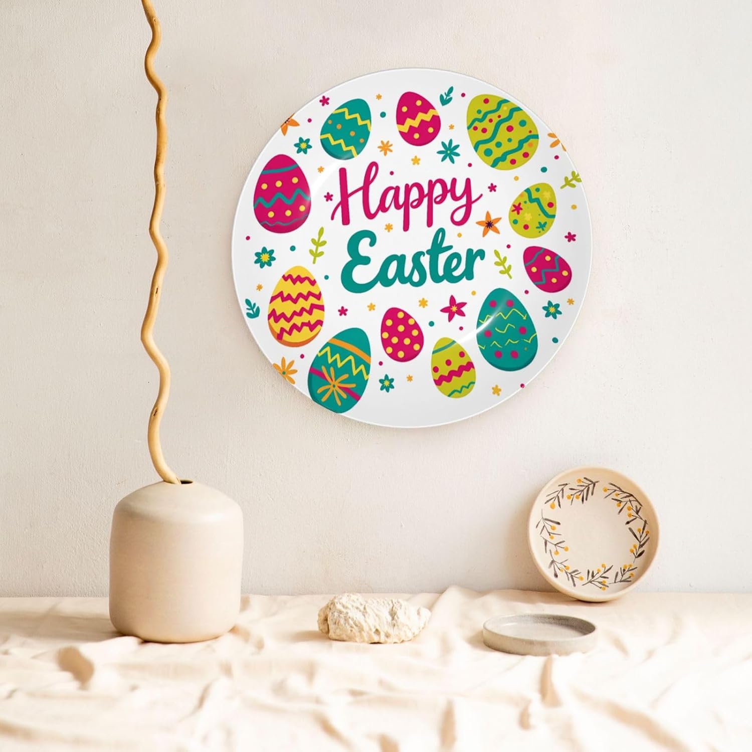 Easter Happy Style Ceramic Plate Display Decorative Plate With Stand Wall Hanging Plate For Home Decor 10 Inch