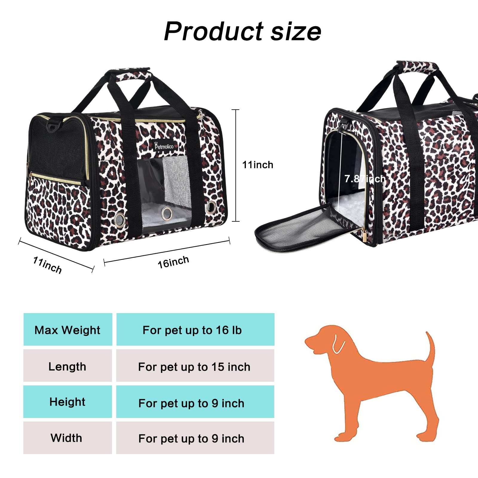 Petmolico Marsupio trasportino per cani, approvato dalla compagnia aerea morbido trasportino da viaggio con 3 porte aperte finestre in rete per gatti cuccioli, 7,3 kg, leopardo