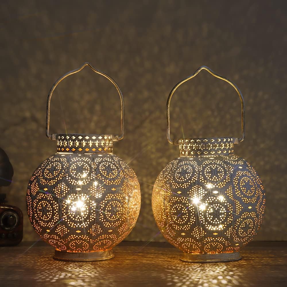 TRIROCKS Set of 2 Moroccan Style Metal Table Lamp 18cm H Battery Powered Cordless Lamp with LED Fairy Lights Bulb Perfect for Home Living Room Parties Tabletop Indoors (White)