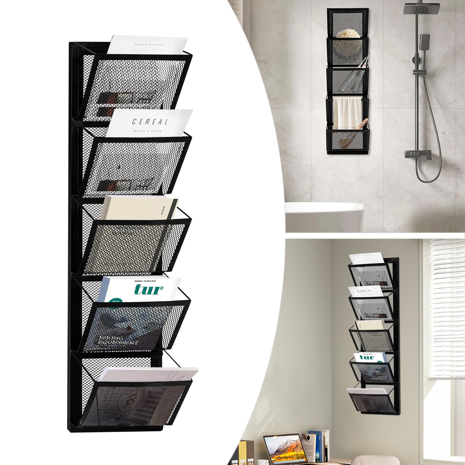5 compartimentos de metal A4 para revistas de pared, archivos, documentos, organizador de revistas, dispensador de folletos, soporte de malla para archivos de pared, soporte de bolsillo