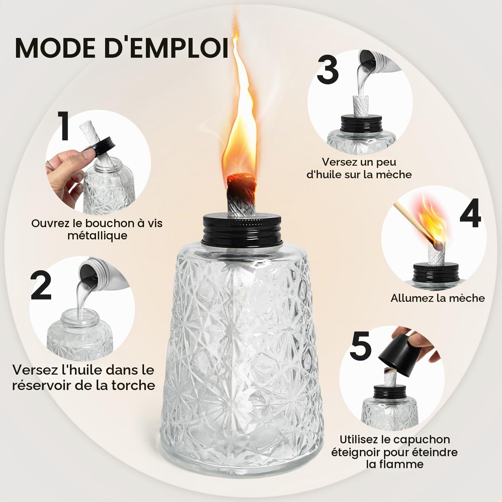 Lot de 3 lampes à huile en verre transparent avec 3 mèches pour décoration intérieure ou extérieure