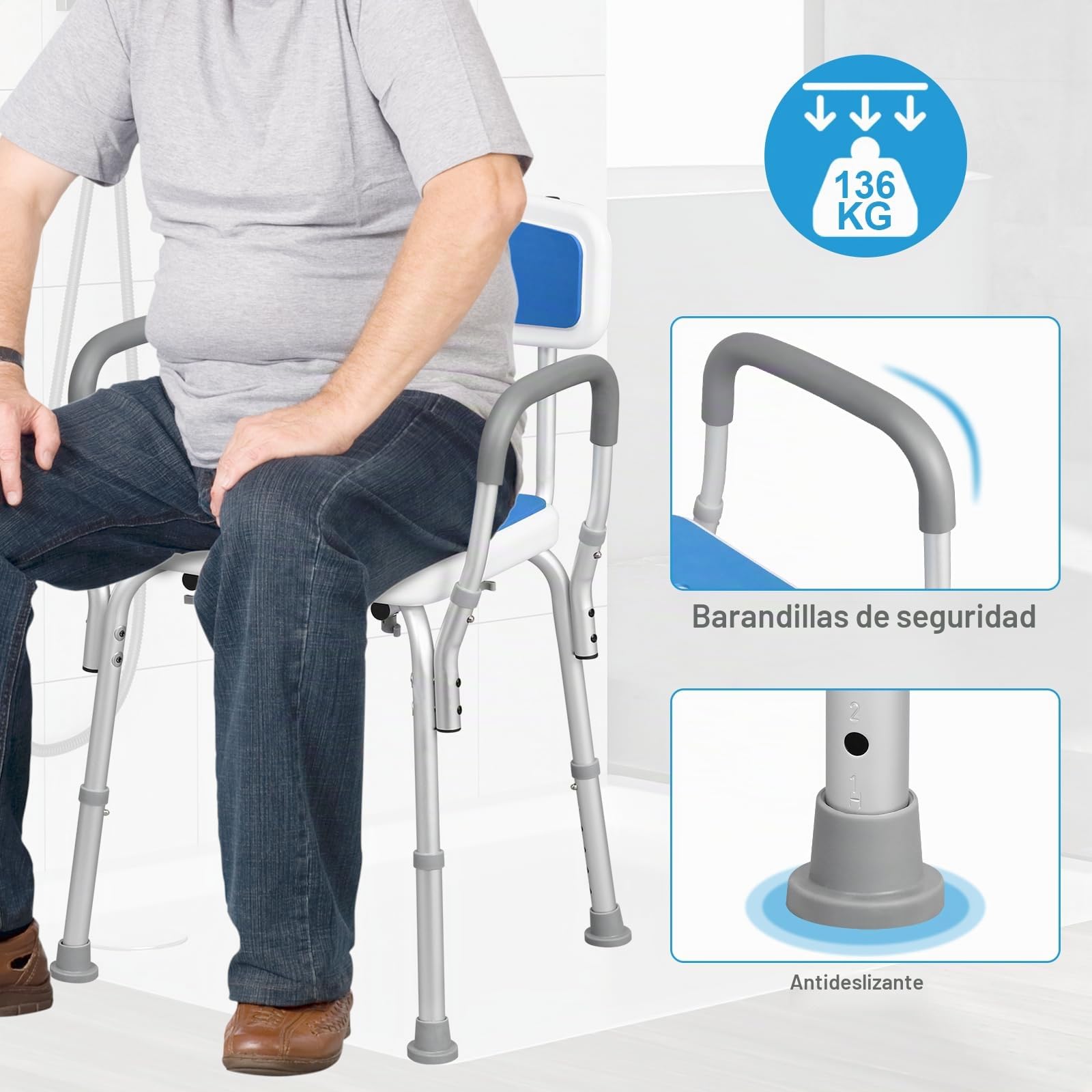 EUGAD Silla de Ducha para Mayores, Taburete Baño sin Respaldo, Taburete Ducha para Personas Mayores, Conteras Antideslizantes, para Ancianos y Embarazadas (Taburete de Ducha con Respaldo)