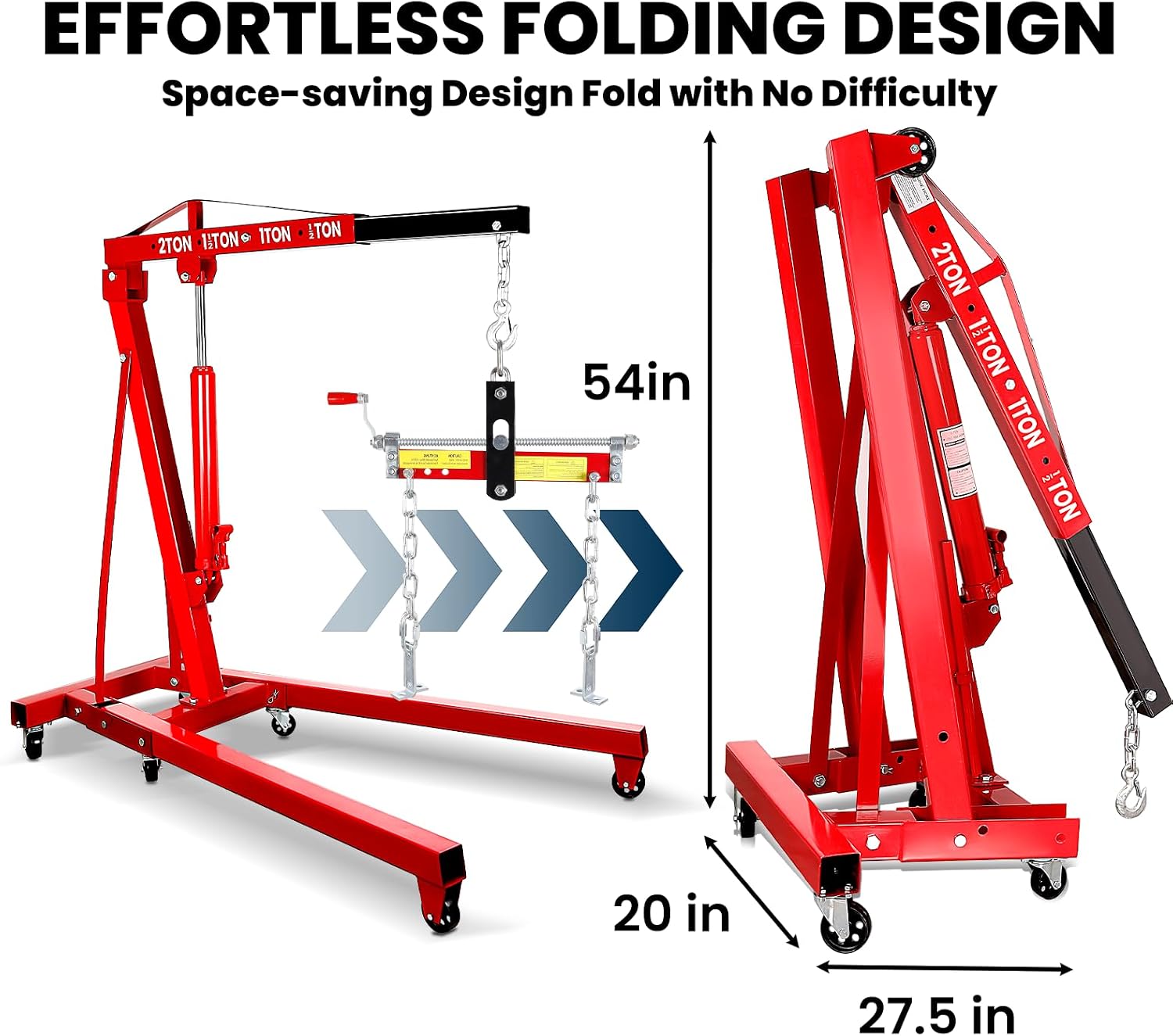 5000 LBS Engine Hoist with Load Leveler, Heavy Duty Alloy Steel Folding Hydraulic Cherry Picker Engine Hoist with 8 Ton Hydraulic Pump 6 Steel Casters, Engine Lift for Workshop Warehouse