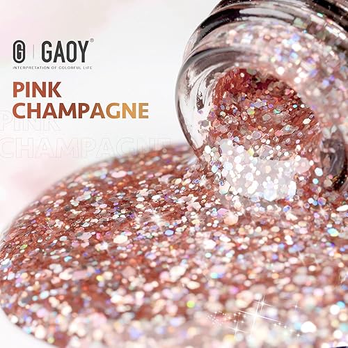 Miniatura 6 de GAOY Esmalte de uñas en gel con purpurina, 0.6 onzas líquidas, esmalte de gel brillante de champán rosa, purpurina brillante con diamante que se