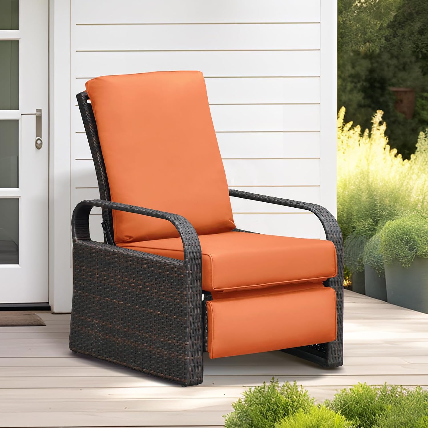 Art to Real Automatic Adjustable Patio Recliner Chair Relaxing Sofa Outdoor Wicker Armchair Furniture Aluminum Frame Lounge with Soft Thicken Cushion (Orange)