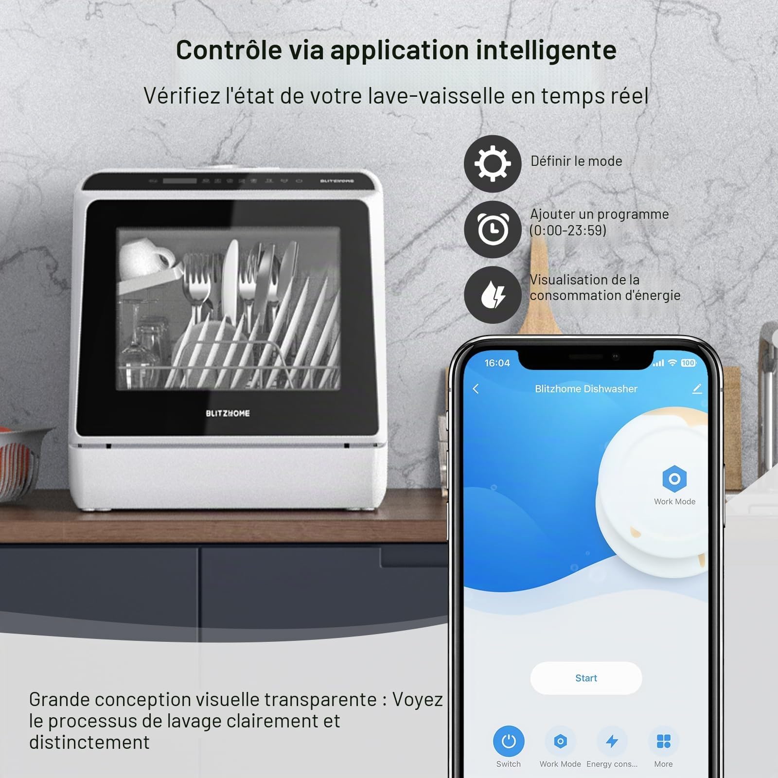 Mini lave-vaisselle BLITZHOME, contrôle par application, 6 programmes, lave-vaisselle de table intelligent et portable avec réservoir d'eau de 5L, utilisable avec ou sans raccordement à l'eau, séchage