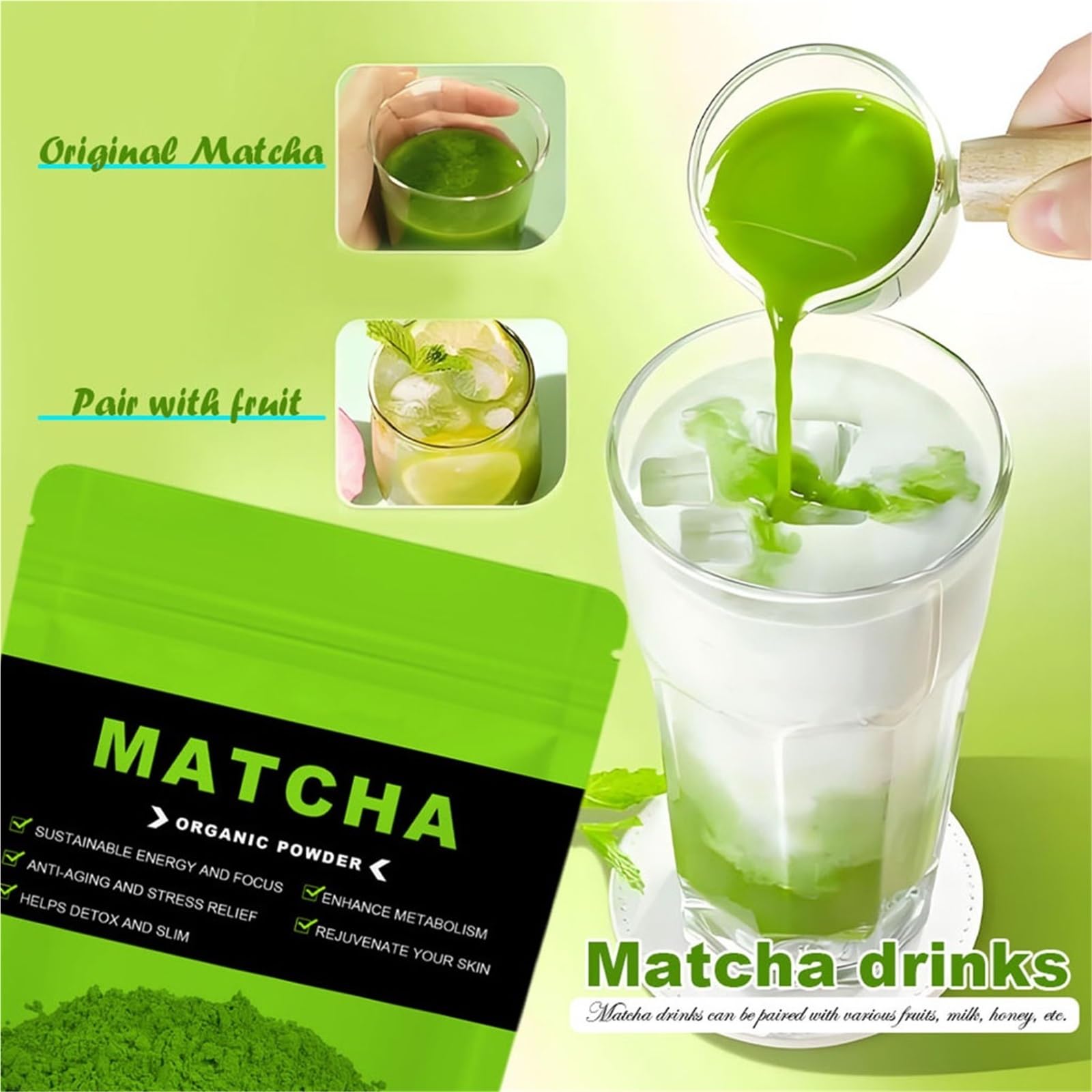 Proszek Z Zielonej Herbaty Matcha Premium – Czysty Naturalny Do Napojów, Wypieków I Latte(3PCS)