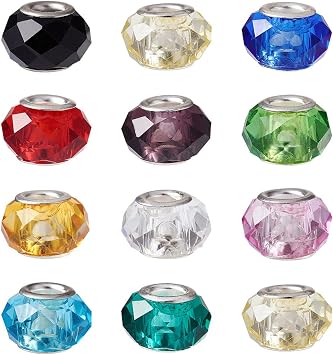 Craftdady 100Pcs Large Hole Faceted Glass European Spacer Beads 14x8mm Slide Charm Rondelle Beads Random Mixed Colors for Snake Chain Bracelet Jewelry Making Hole 5mm
