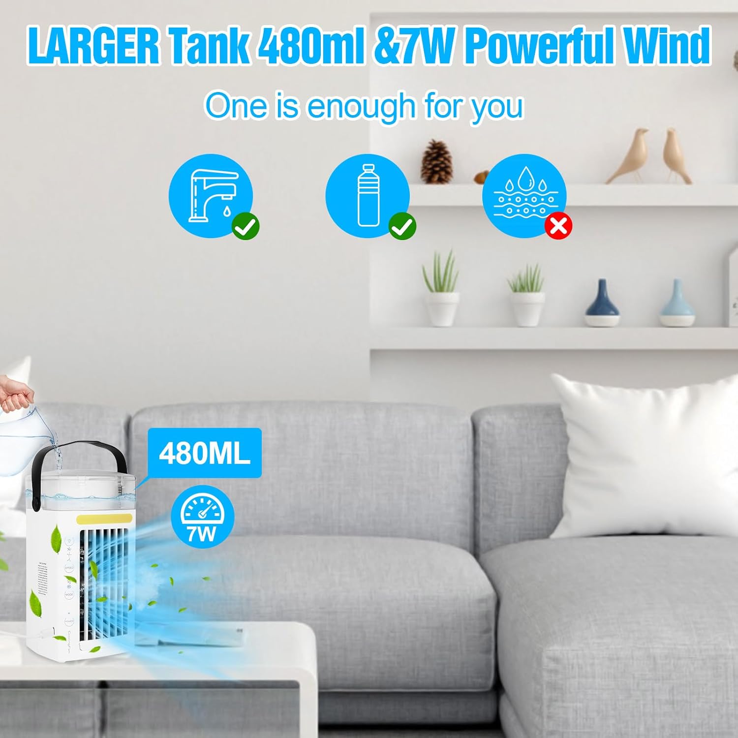 Portable Air Conditioner,480ML Evaporative Air Cooler With 3 Wind Speed & 2 Cool Air Spray,Personal Air Cooling Freeze Fan with Timer & 7 LED lights for Office, Bedroom, and Outdoor Camping