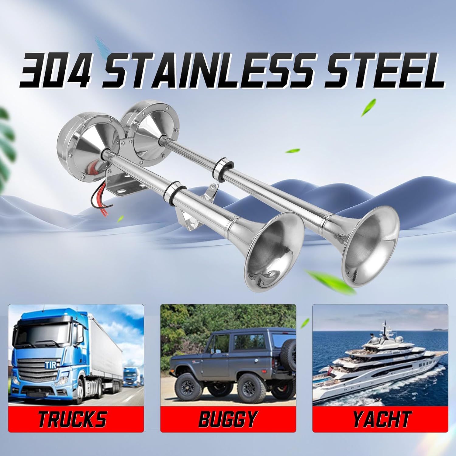 12V Marine Boat horn Waterproof Stainless Steel Dual Trumpet for Ship Truck RV Trailer Pickup Van Bus Touring Car (Dual Trumpet Horn)