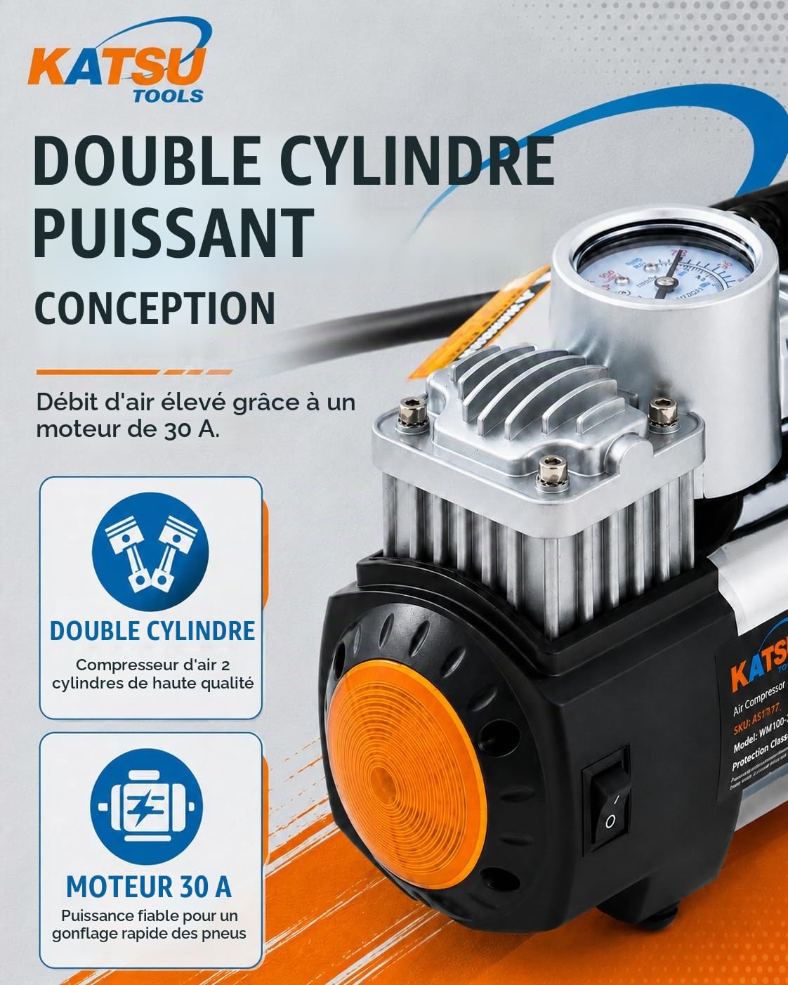 KATSU Gonfleur de Pneu de Voiture, 12V 30Amp Pompe à Pneu de Compresseur d'Air Portable Professionnel à Grand Volume 150PSI avec Double Cylindre pour Autocar Van Trucks Gonflables 451717