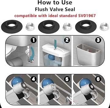 Flush Valve Seal Compatible with Ideal Standard Toilet Flush Seal 3Pcs Toilet Cistern Flush Parts SV01967, Toilet Flush System Replacement Flush Valve Seal & Clip (Black)