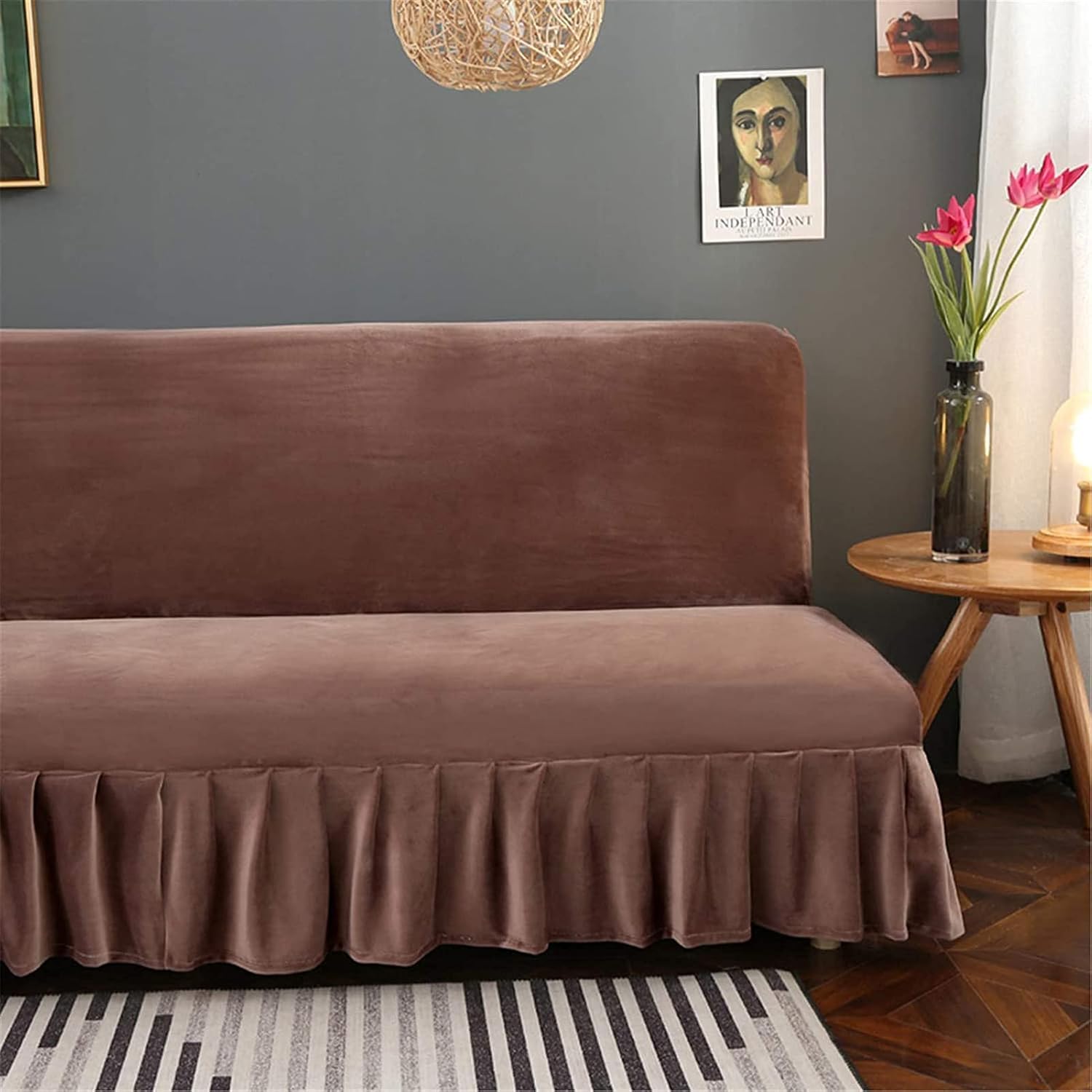 Funda de terciopelo para futón sin brazos con falda de volantes, funda para futón, funda para sofá futón, funda para sofá futón, funda protectora de muebles con parte inferior elástica, color marrón