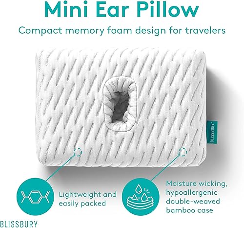 Miniatura 8 de BLISSBURY Mini almohada para los oídos (satén), almohada de espuma viscoelástica para viajes con orificio para las orejas, espacio calmante para