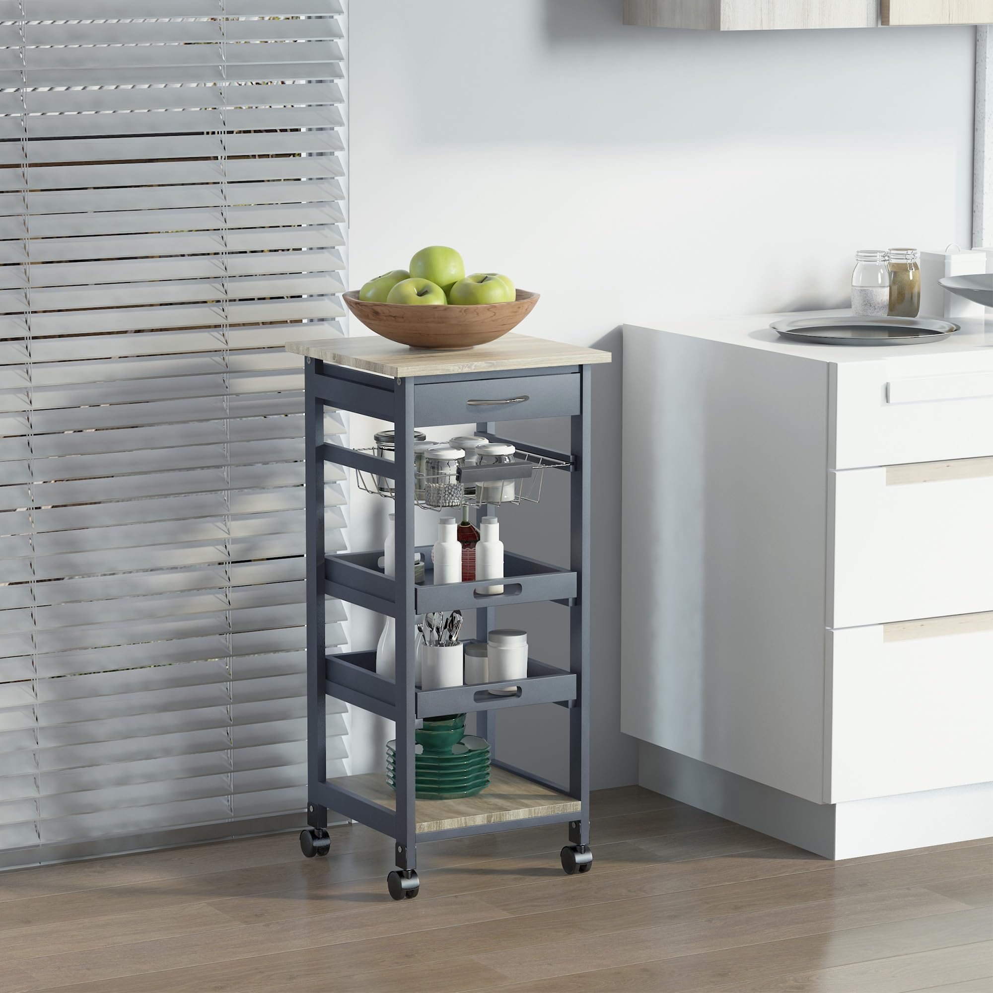 HOMCOM Mobile Kitchen Cart with Storage Solid Wood Frame Utility Cart Gray