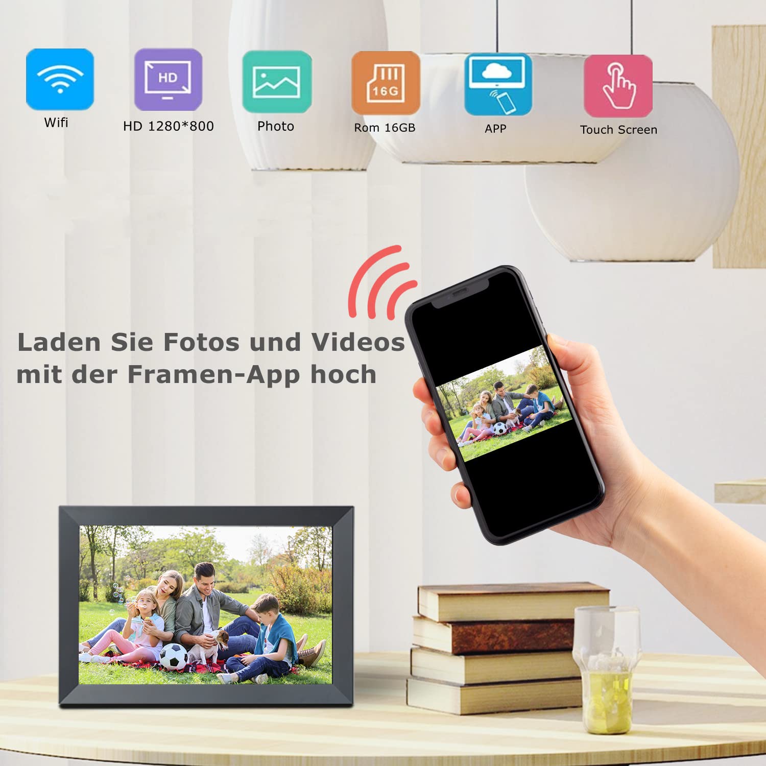 Digitaler Bilderrahmen WLAN 10.1 Zoll, HD IPS-Touchscreen Elektronischer Bilderrahmen mit 32 GB Speicher, Automatische Drehung, Teilen von Fotos oder Videos überall über Frameo App
