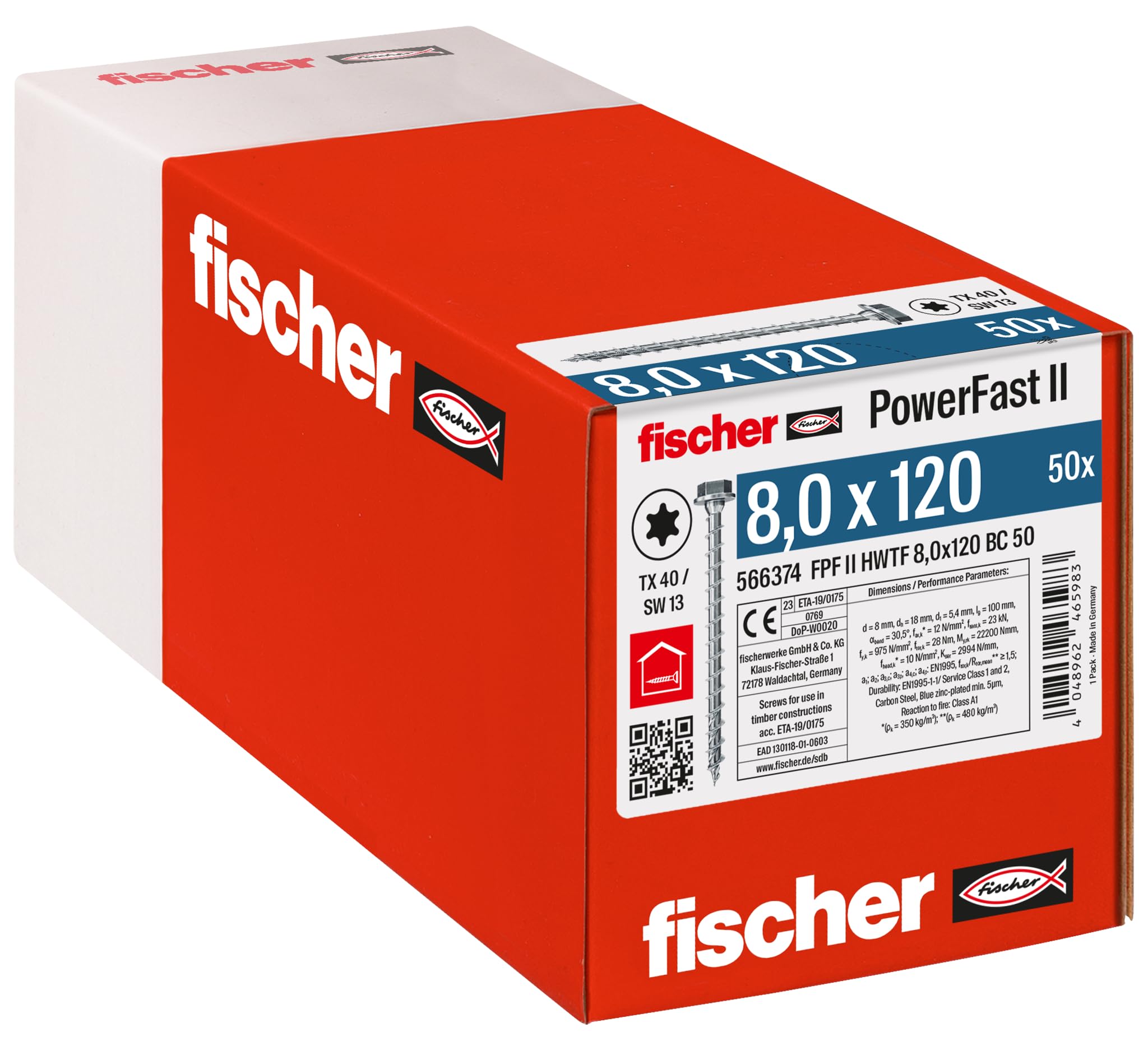 fischer PowerFast II HWTF 8,0 x 120 – Holzbauschraube mit Sechskantkopf, Innenstern-Aufnahme und Vollgewinde (50 Stk)