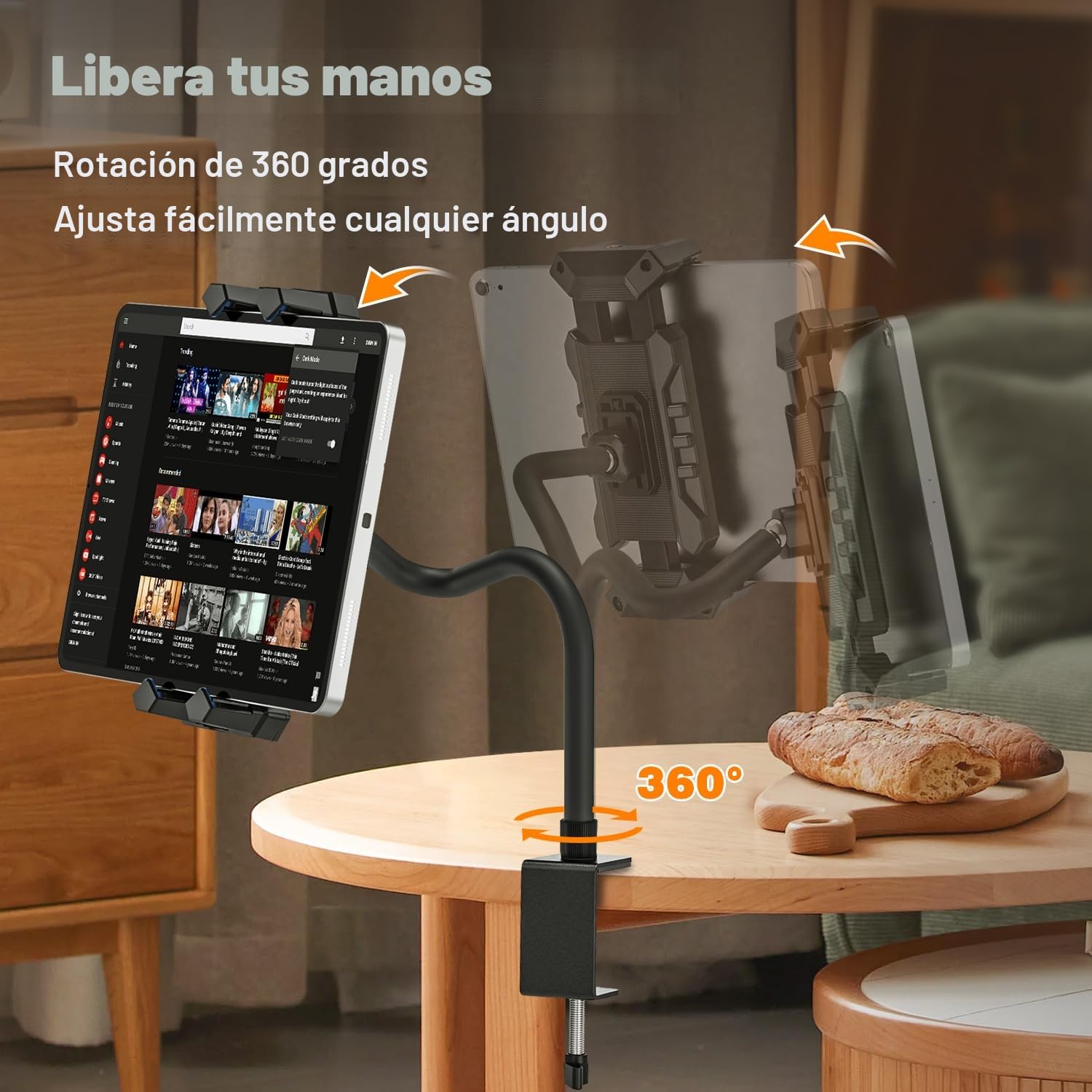 Soporte Tablet Mesa, Soporte iPad Mesa con Brazo de Cuello de Cisne, Soporte para Tablet Cama Giratorio de 360°, para iPad Pro/Air/Mini, 4.7"-13.5" Tablets.