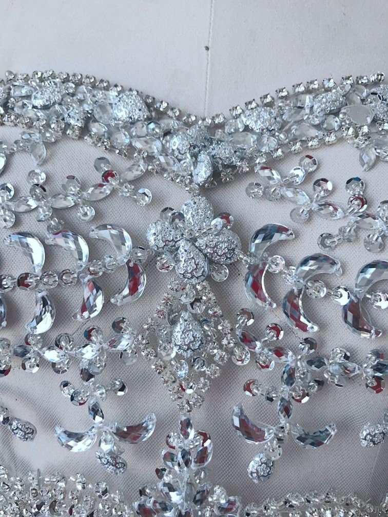 Handmade Silver Crystal Patches sew on Rhinestones Applique on mesh with Stones Sequins Beads 40x32cm