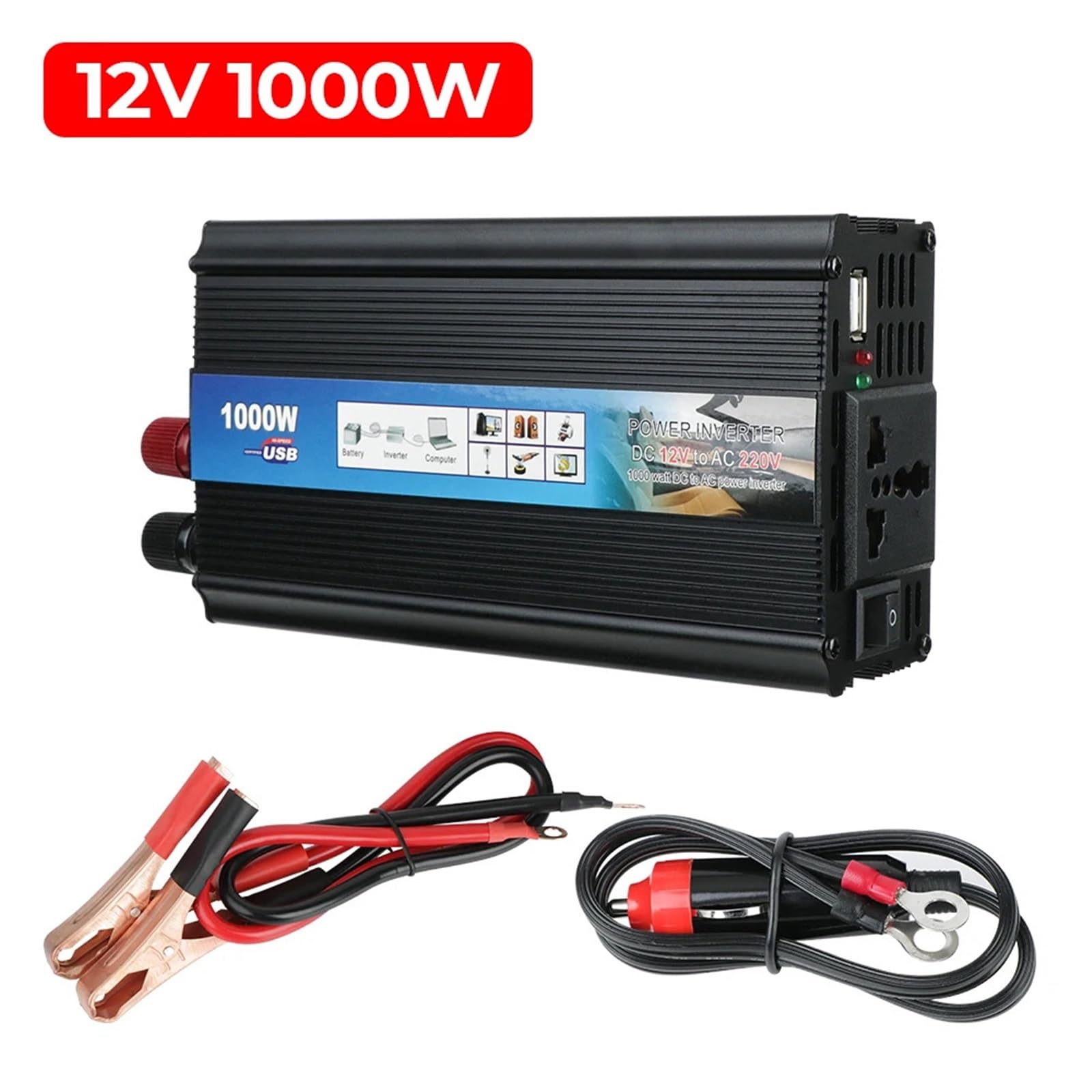 Modyfikowany falownik sinusoidalny 1000 W 2000 Przetwornica napięcia samochodowego z ładowarką USB DC na AC,Stabilna konwersja mocy(1000W)